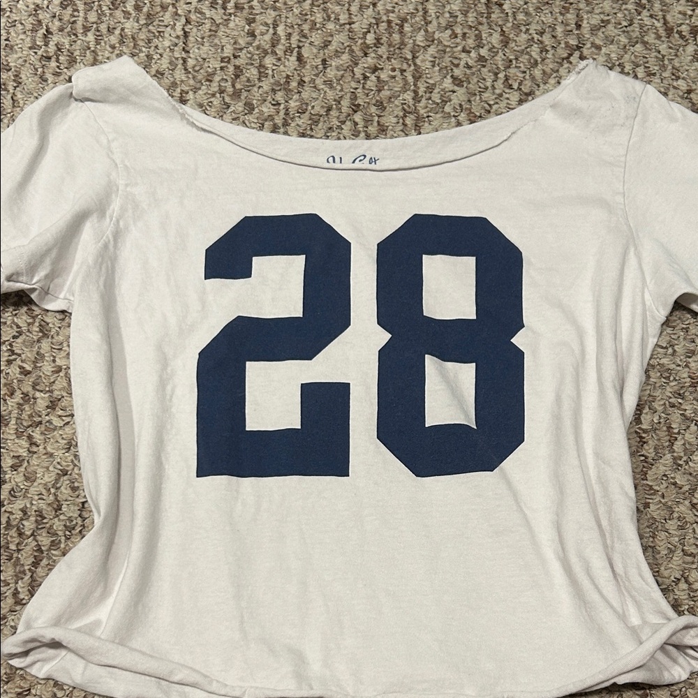 Brandy Melville off the shoulder White Tee with Navy Graphic